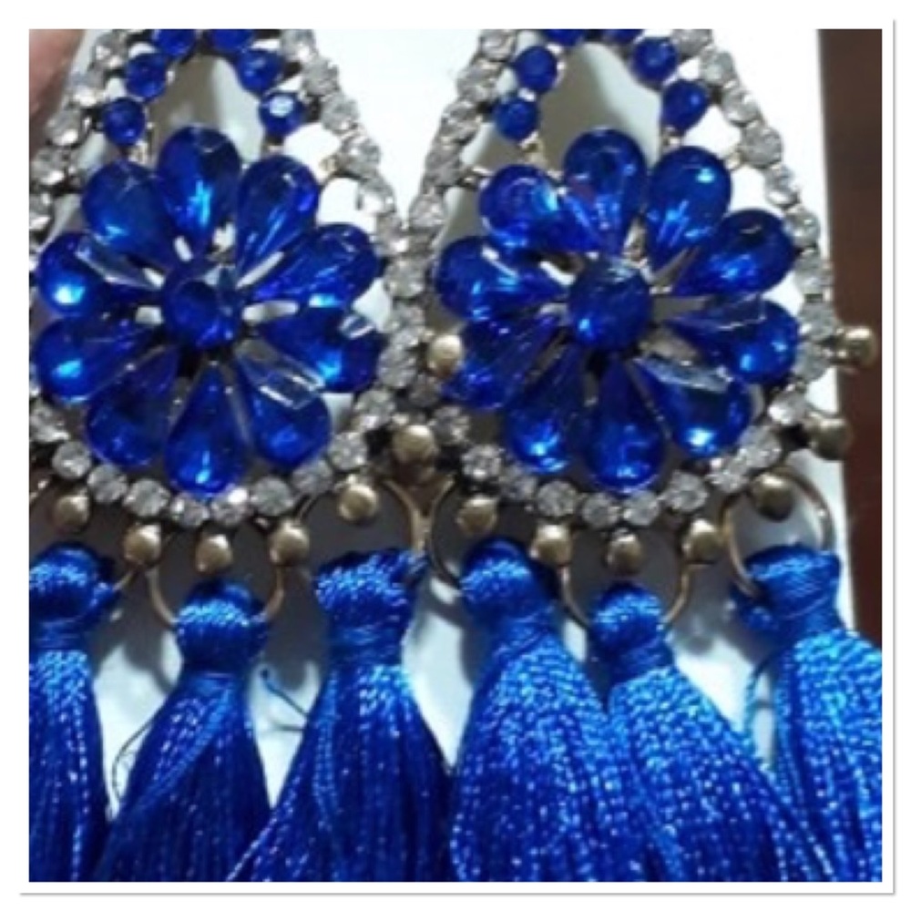 Dark Blue Rhinestone and Tassel Earrings - Picture 3 of 4
